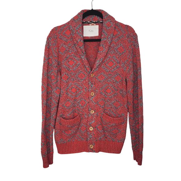Koto Shawl Collar Diamond Red & Gray Grandpa Core Cardigan Sweater Size M - Picture 2 of 9
